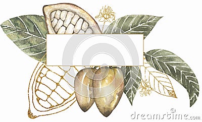 Watercolor hand drawn vintage style cacao branch and golden liner frame illustration, floral wreath, cocoa leaves and pod border Cartoon Illustration