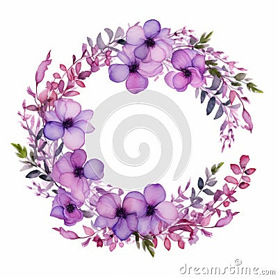Watercolor Hand Drawn Violet Floral Wreath On White Background Stock Photo