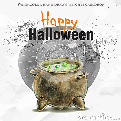 Watercolor hand drawn witch cauldron with green poison Vector Illustration