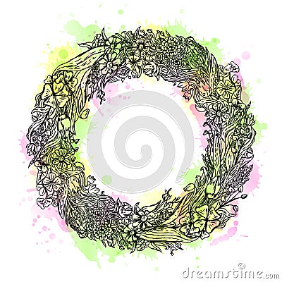 Watercolor hand drawn wreath of flowers. vintage sketch. Vector illustration. Vector Illustration