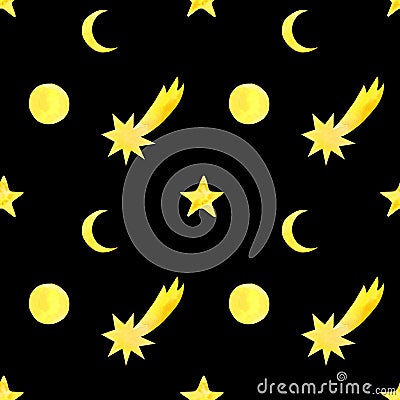 Watercolor hand drawn yellow stars, moon and comets seamless pattern isolated on black night background. Stock Photo