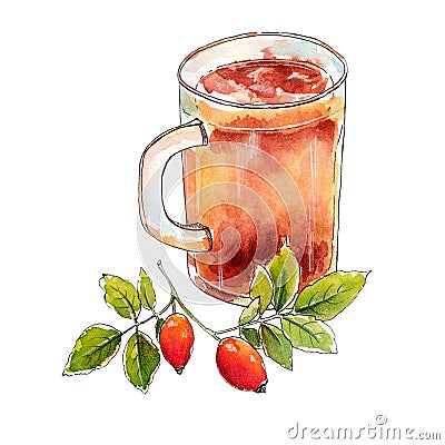 Watercolor cup of tasty tea with a green brunch Cartoon Illustration