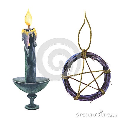 Watercolor hand painted antique holder, black candle and Pentagram symbol made of whip illustration, isolated on white Cartoon Illustration