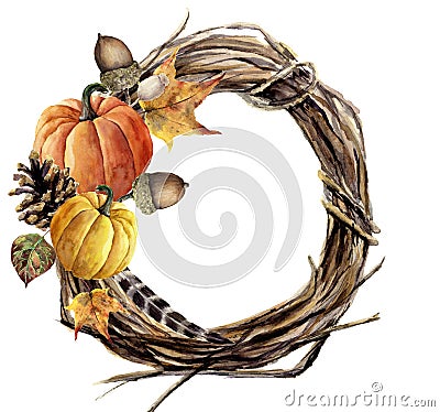 Watercolor hand painted autumn wreath of twig. Wood wreath with pumpkin, pine cone, fall leaves, feather and acorn. Autumn Cartoon Illustration