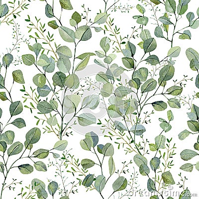 Watercolor hand painted bouquet eucalyptus and green plants. Frolar branches and leaves isolated on white background. Greenery il Cartoon Illustration