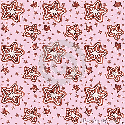 Watercolor hand painted Christmas illustration pink seamless gingerbread iced stars cookies pattern Cartoon Illustration