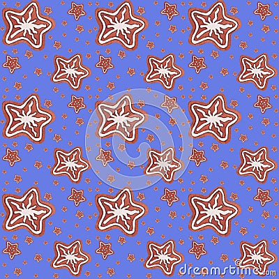 Watercolor hand painted Christmas illustration dark blue seamless gingerbread iced stars cookies pattern Cartoon Illustration