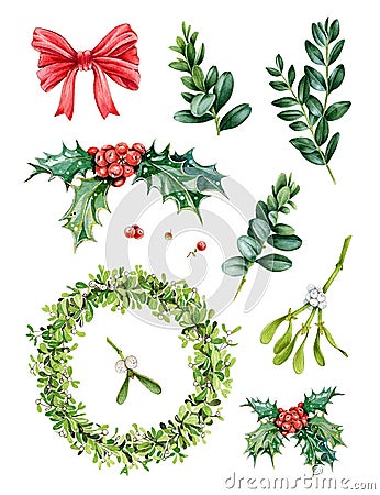 Watercolor hand painted Christmas set with evergreen tree branches, mistletoe wraeth, holly, red berries, green leaves. Stock Photo