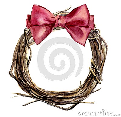 Watercolor hand painted christmas wreath of twig with pink bow. Wood wreath for design, print or background Stock Photo