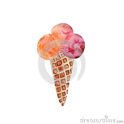 Watercolor hand painted clipart of ice cream balls in a waffle cone. Stock Photo