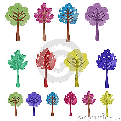 Cliparts set. watercolor trees. illustration. colorful trees. pattern. Set. Cartoon Illustration