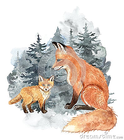 Watercolor hand painted cute foxes. Fox mom and baby, snowy winter forest background. Christmas holiday card Cartoon Illustration