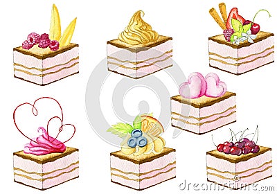 Watercolor hand painted dessert collection with seven cakes isolated on the white background. Stock Photo