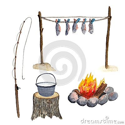 Watercolor fishing drying fish bonfire isolated on white Cartoon Illustration