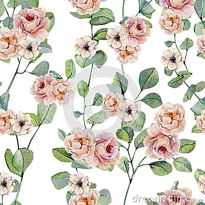 Watercolor hand painted eucalyptus and flowers seamless pattern . Greenery branches and leaves isolated on white background. Flor Cartoon Illustration