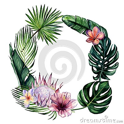 Watercolor hand painted floral round frame with tropical flowers and leaves: monstera, banana tree, palm, protea, plumeria and hib Stock Photo