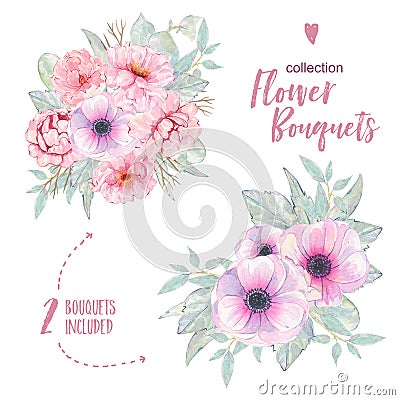 Watercolor hand painted flower pink anemone and peony bouquet isolated Cartoon Illustration