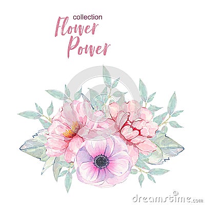 Watercolor hand painted flower pink anemone and peony bouquet isolated Cartoon Illustration