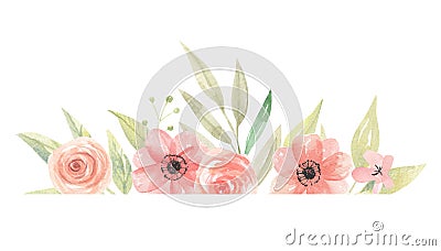 Watercolor Border Flowers Peach Coral Floral Frame Leaves Stock Photo