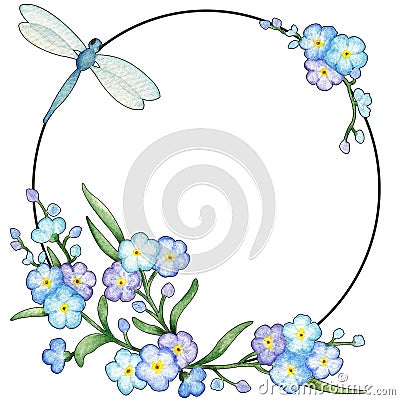 Watercolor hand painted forget-me-not flowers and blue dragonfly round frame. Stock Photo