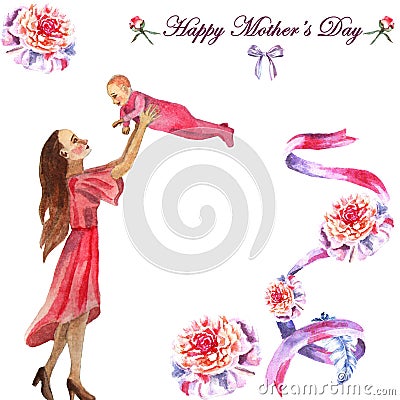 Watercolor hand-painted greeting card Happy Mother`s day Cartoon Illustration