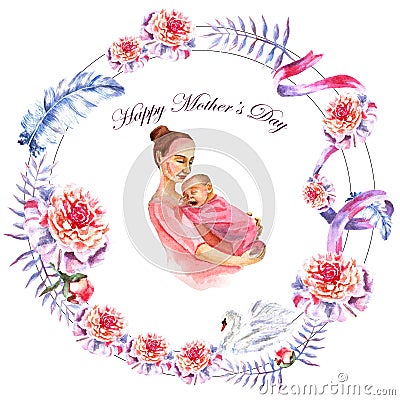 Watercolor hand-painted greeting card Happy Mother`s day Cartoon Illustration