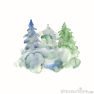Watercolor hand painted illustration of 3 blue and green fir-trees in fog. Cartoon Illustration