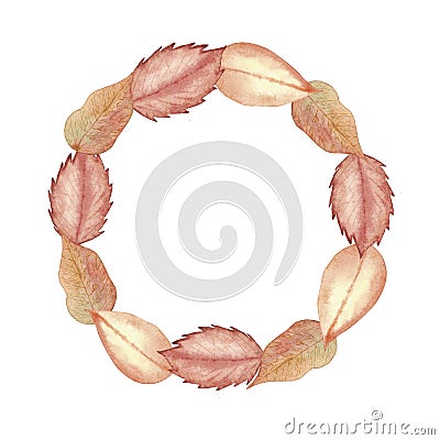 Watercolor hand painted nature autumn tree plants circle wreath frame with different orange and yellow wilted leaves composition Stock Photo