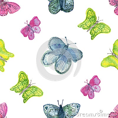 Watercolor hand painted nature colorful summer seamless pattern with multicolor blue, yellow and pink different butterflies Stock Photo