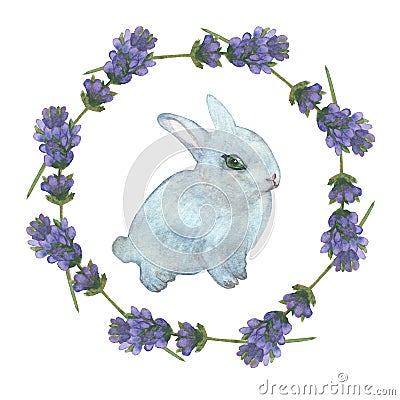 Watercolor hand painted nature easter holiday composition with blue little rabbit and circle purple lavender flower branches frame Stock Photo