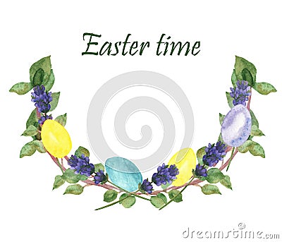 Watercolor hand painted nature easter time holiday composition wreath with green leaves on branches, purple lavender blossom flowe Stock Photo