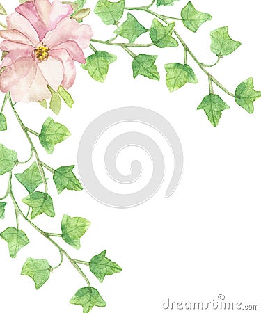 Watercolor hand painted nature eco floral frame composition with pink flower and green loach leaves Stock Photo