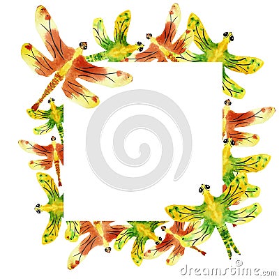 Watercolor hand painted nature fauna squared border frame with yellow, green and orange dragonfly Stock Photo