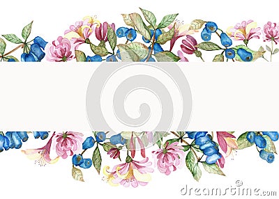 Watercolor hand painted nature floral herbal banner composition with pink blossom honeysuckle flowers, blue berries and green leav Stock Photo