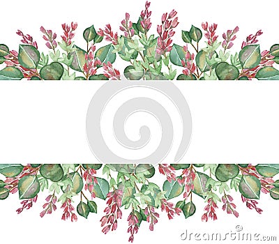 Watercolor hand painted nature floral herbal banner frame with pink heather flowers and green eucalyptus leaves on branches bouque Stock Photo