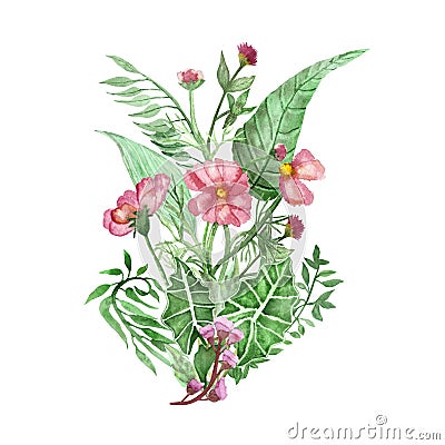 Watercolor hand painted nature floral tropical bouquet with green palm and eucalyptus leaves and pink blossom garden flower compos Stock Photo