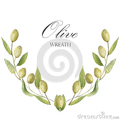 Watercolor hand painted nature garden frame composition with green olives and leaves on branches wreath and text Stock Photo