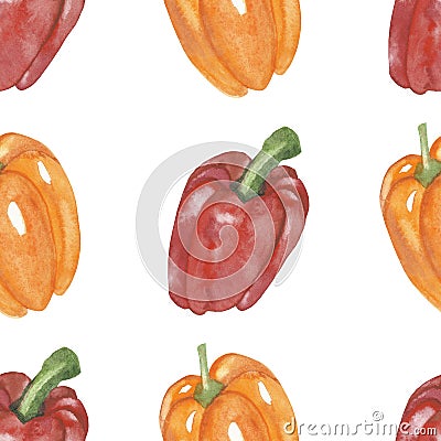 Watercolor hand painted nature garden plants seamless pattern with orange and red bell peppers with green stem vegetables Stock Photo