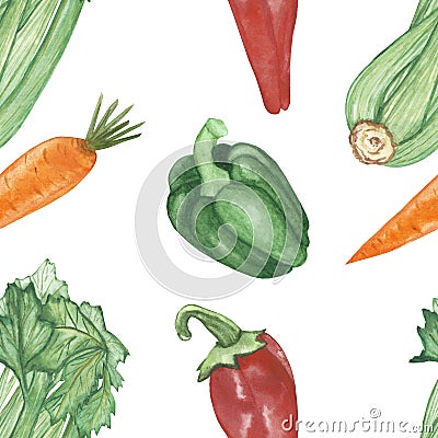 Watercolor hand painted nature healthy food seamless pattern with green celery, bell pepper, red chili pepper and orange carrot Stock Photo