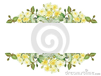 Watercolor hand painted nature herbal banner frame with yellow lime blossom flowers and green eucalyptus leaves on branch bouquet Stock Photo