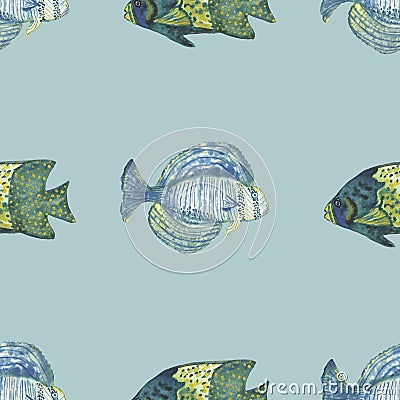 Watercolor hand painted nature sea fauna seamless pattern with green, turquoise, light green, yellow color different fish collecti Stock Photo