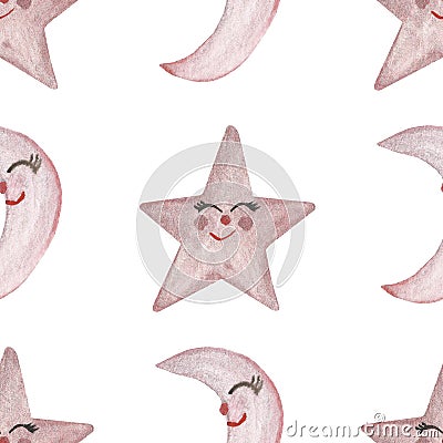 Watercolor hand painted nature space seamless pattern with sky pink stars and moon with faces isolated on the white background for Stock Photo