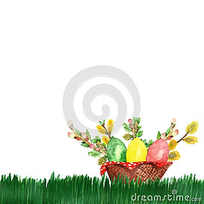 Watercolor hand painted nature spring easter holiday composition with green grass, wicker basket, green, yellow and red colored eg Stock Photo