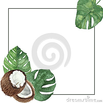 Watercolor hand painted nature tropical fresh squared border line frame with green palm leaves and brown coconut fruits Stock Photo