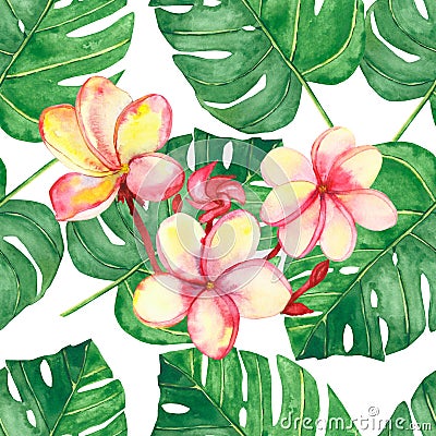 Watercolor hand painted nature tropical plants seamless pattern with green palm leaves and pink blossom plumeria flowers branch Stock Photo