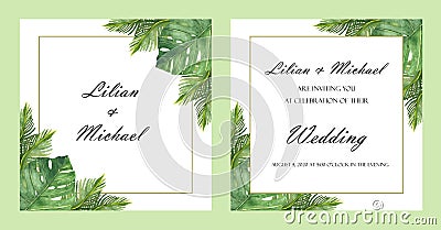 Watercolor hand painted nature tropical wedding two frames set with green palm and fern leaves, border line and names Stock Photo