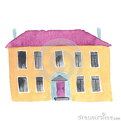 Watercolor hand painted old house or school Cartoon Illustration