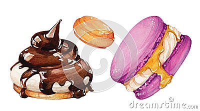 Watercolor hand painted pastries collection. Pastry sweets collection: doughnuts, candies, croissants, muffins and macaroons Stock Photo