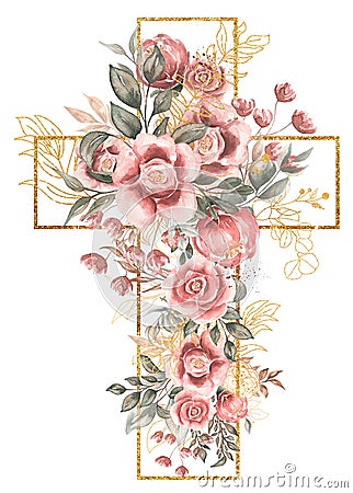 Watercolor hand painted Pink Florals Cross Clipart, Easter Religious flowers illustration, Baptism Cross clip art, Holy Spirit Cartoon Illustration