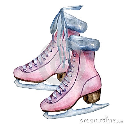 Watercolor hand painted pink vintage ice skates with fur trim. Isolated element on white background Stock Photo